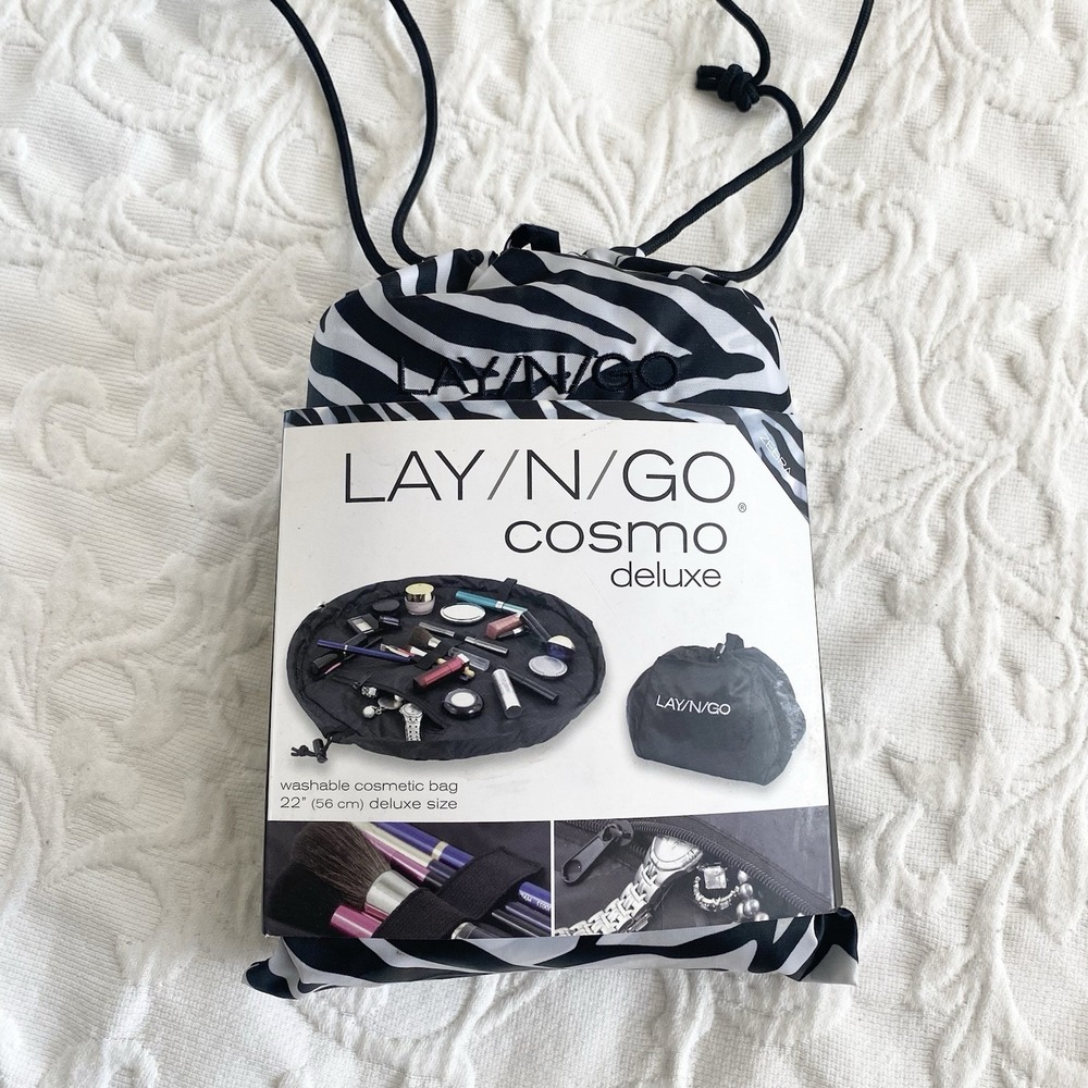 Lay n Go COSMO Deluxe 22" Travel Drawstring‎ Cosmetic Makeup Bag Easy Open Zebra